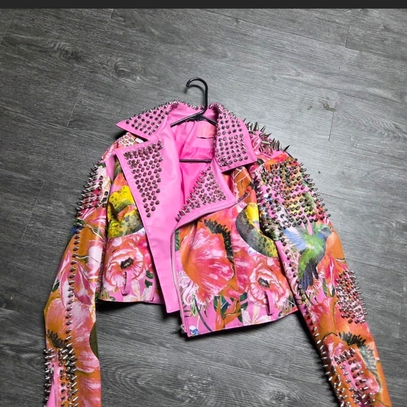 AKIRA Jackets & Blazers - AKIRA Hot Pink Floral Studded Cropped Leather Jacket